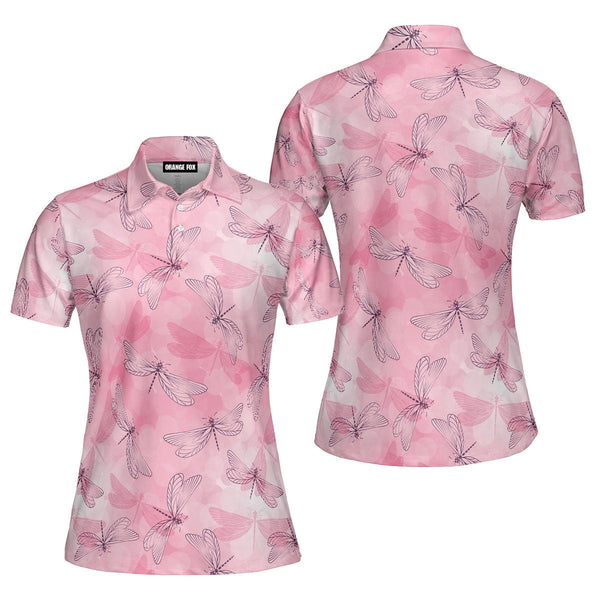 Delicate Pink Spring Flying Dragonflies Polo Shirt For Women