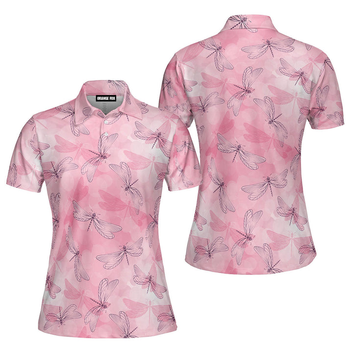 Delicate Pink Spring Flying Dragonflies Polo Shirt For Women