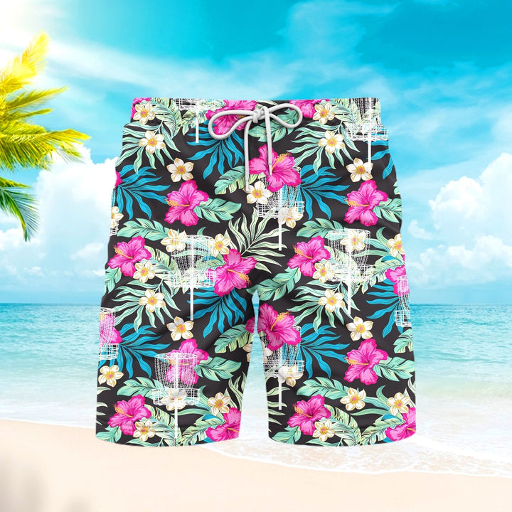 Disc Golf Sport Hibiscus Tropical Floral Beach Shorts For Men