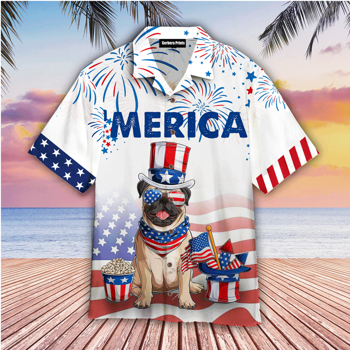 Dog And American Flag BullDog American Flag 4th Of July Firework White Aloha Hawaiian Shirts For Men And For Women WT9116