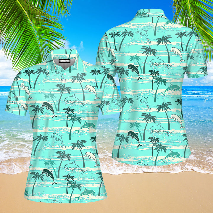 Dolphins Palm Trees Summer Polo Shirt For Women