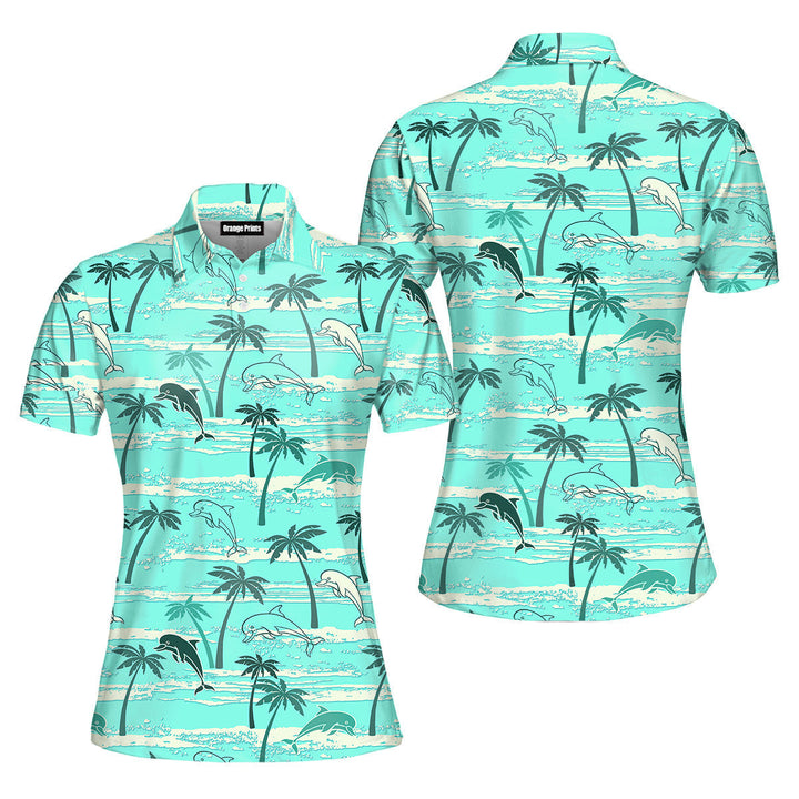 Dolphins Palm Trees Summer Polo Shirt For Women