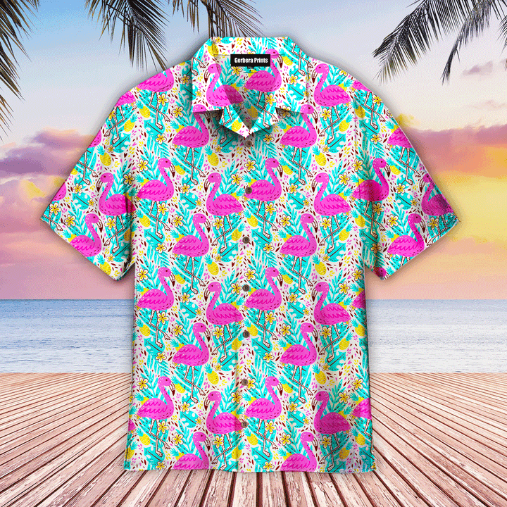 Dusk Bright Summer Pattern With Flamingo Pink And Blue Aloha Hawaiian Shirts For Men And For Women WT6449
