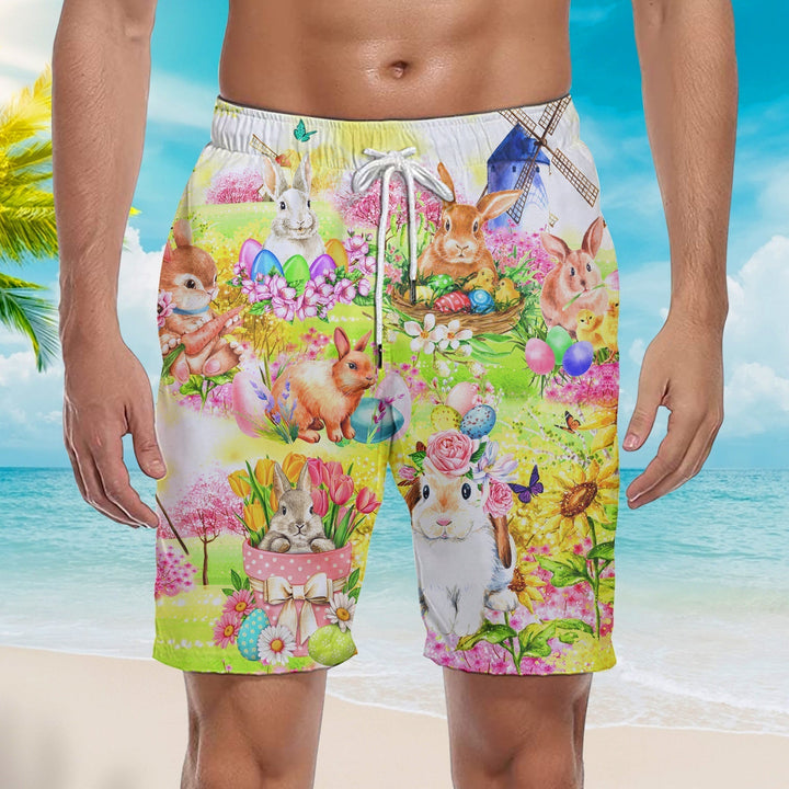 Easter Rabbit Chilling In The Flower Landscape Beach Shorts For Men