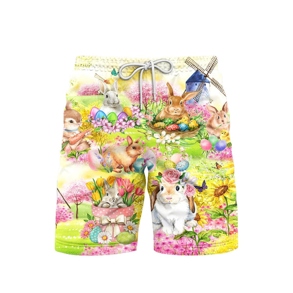 Easter Rabbit Chilling In The Flower Landscape Beach Shorts For Men