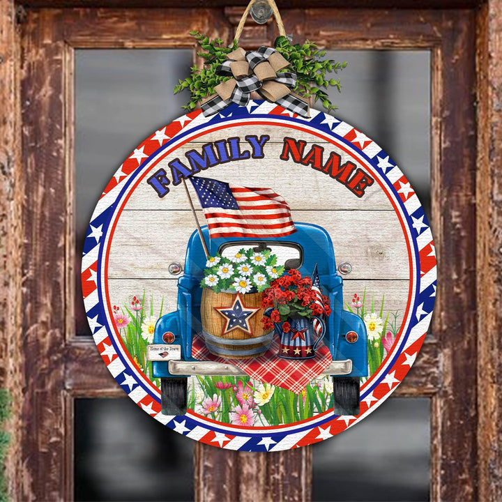 Family Name America Flag Truck Flower For The US Independence Day, Fourth Of July, 4th of July Custom Round Wood Sign | Home Decoration | Waterproof | WN1519-Gerbera Prints.