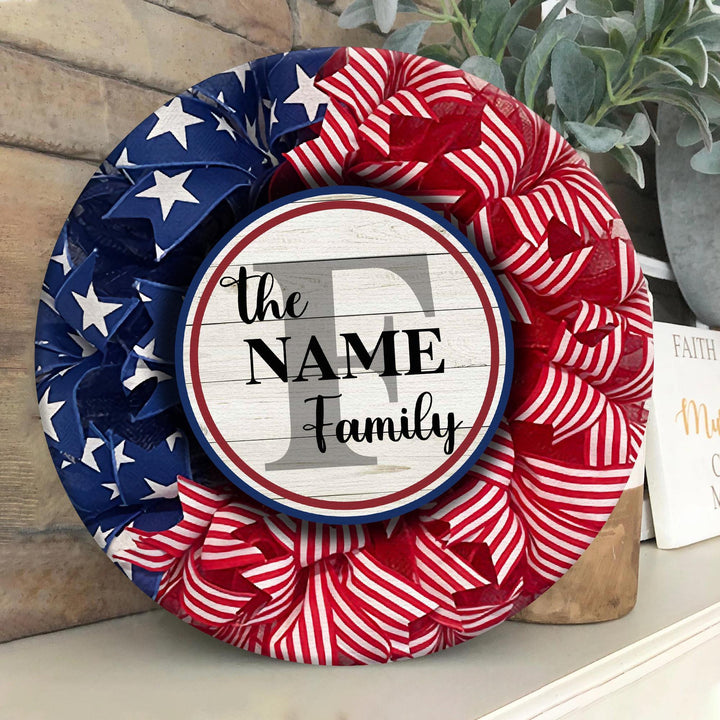 Family Name America Flag Truck Flower For The US Independence Day, Fourth Of July, 4th of July Custom Round Wood Sign | Home Decoration | Waterproof | WN1520-Gerbera Prints.