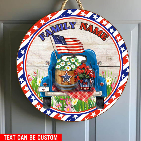 Family Name America Flag Truck Flower For The US Independence Day, Fourth Of July, 4th of July Custom Round Wood Sign | Home Decoration | Waterproof | WN1519-Colorful-Gerbera Prints.