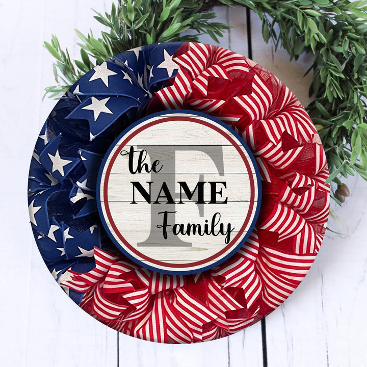 Family Name America Flag Truck Flower For The US Independence Day, Fourth Of July, 4th of July Custom Round Wood Sign | Home Decoration | Waterproof | WN1520-Colorful-Gerbera Prints.
