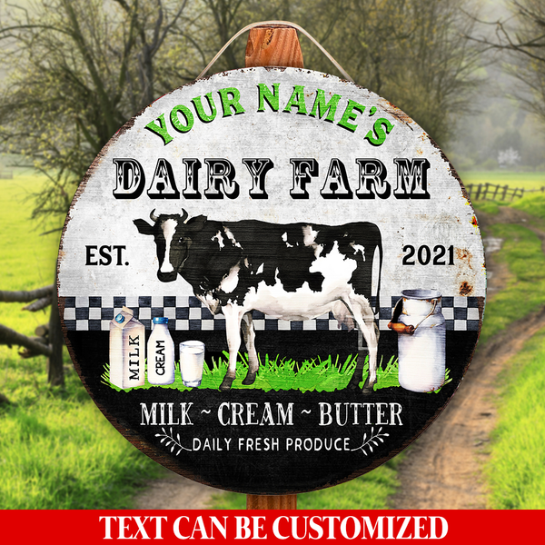 Farm Fresh Dairy Cow Custom Round Wood Sign | Home Decoration | Waterproof | WN1076-Colorful-Gerbera Prints.