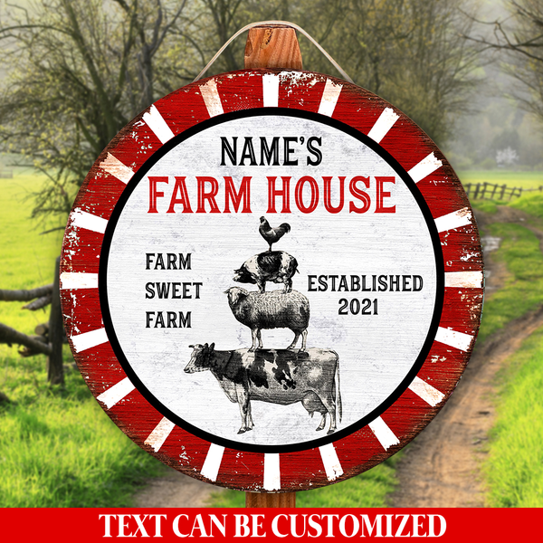 Farm Style Animal Stack Custom Round Wood Sign | Home Decoration | Waterproof | WN1185-Colorful-Gerbera Prints.