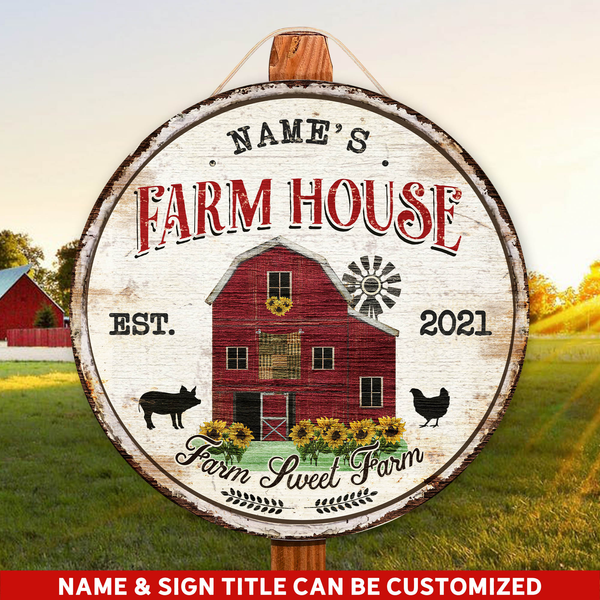 Farm Sweet Farm Custom Round Wood Sign | Home Decoration | Waterproof | WN1193-Colorful-Gerbera Prints.