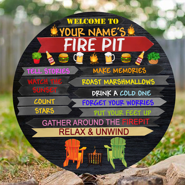 Fire Pit Rules Custom Round Wood Sign | Home Decoration | Waterproof | WN1095-Colorful-Gerbera Prints.