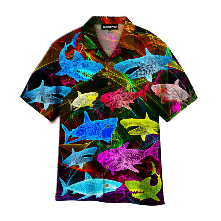Fish Neon Glowing Shark Blue And  Violet Aloha Hawaiian Shirts For Men And Women WT9022