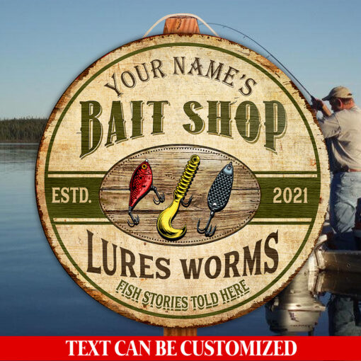 Lures Worms Fish Stories Told Here Custom Round Wood Sign | Home Decoration | Waterproof | WN1150-Colorful-Gerbera Prints.