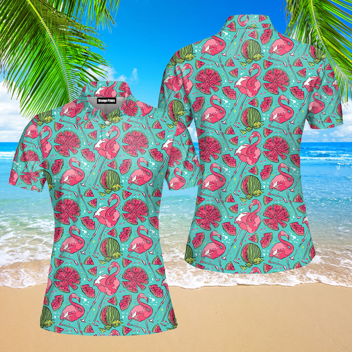 Flamingo And Watermelon Polo Shirt For Women