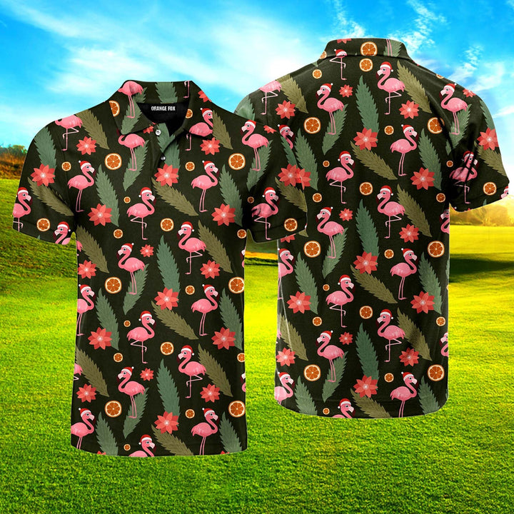 Flamingo Christmas Hat Polo Shirt For Men