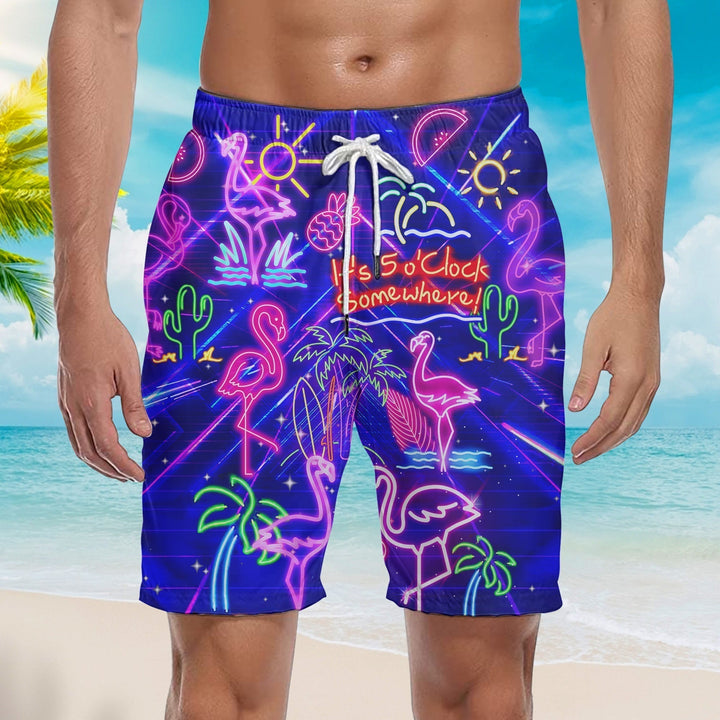 Flamingo Neon It's 5 O'Clock Somewhere Violet Beach Shorts For Men