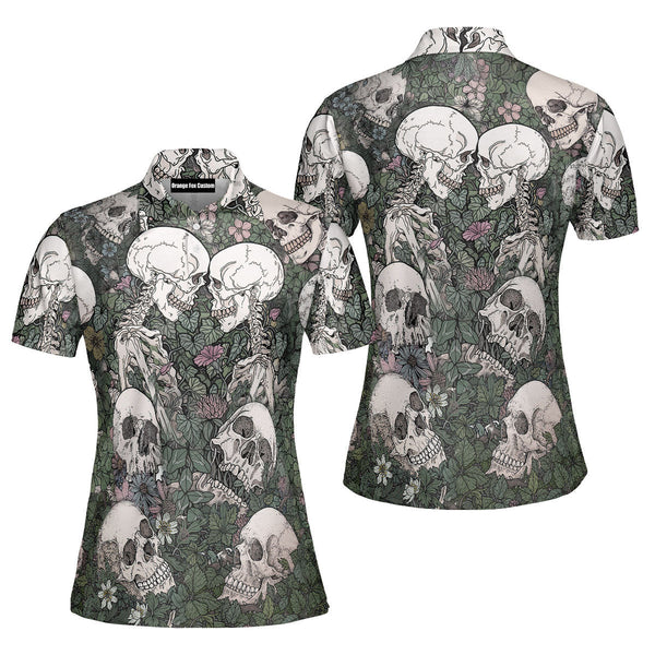Floral Skeleton Halloween Polo Shirt For Women