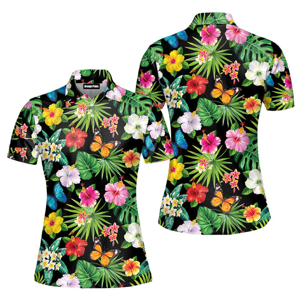 Flower And Leaves Tropical Polo Shirt For Women