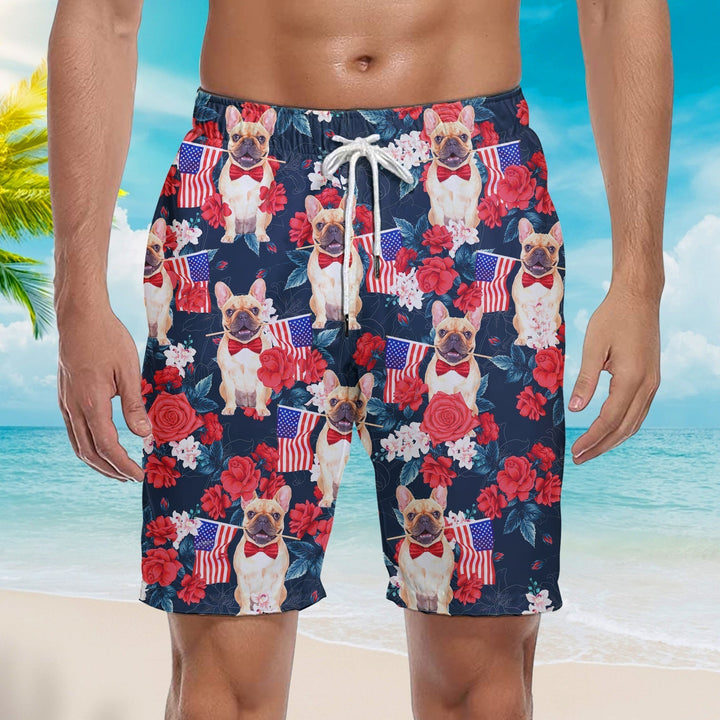 French Bulldog Holding Flag USA On Red Rose Tropical Beach Shorts For Men