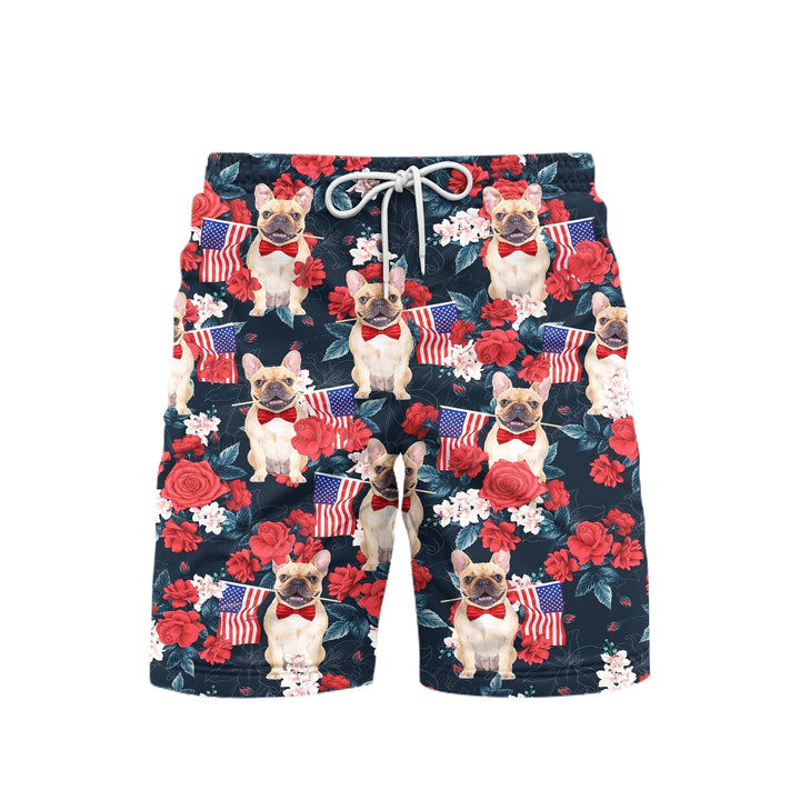 French Bulldog Holding Flag USA On Red Rose Tropical Beach Shorts For Men