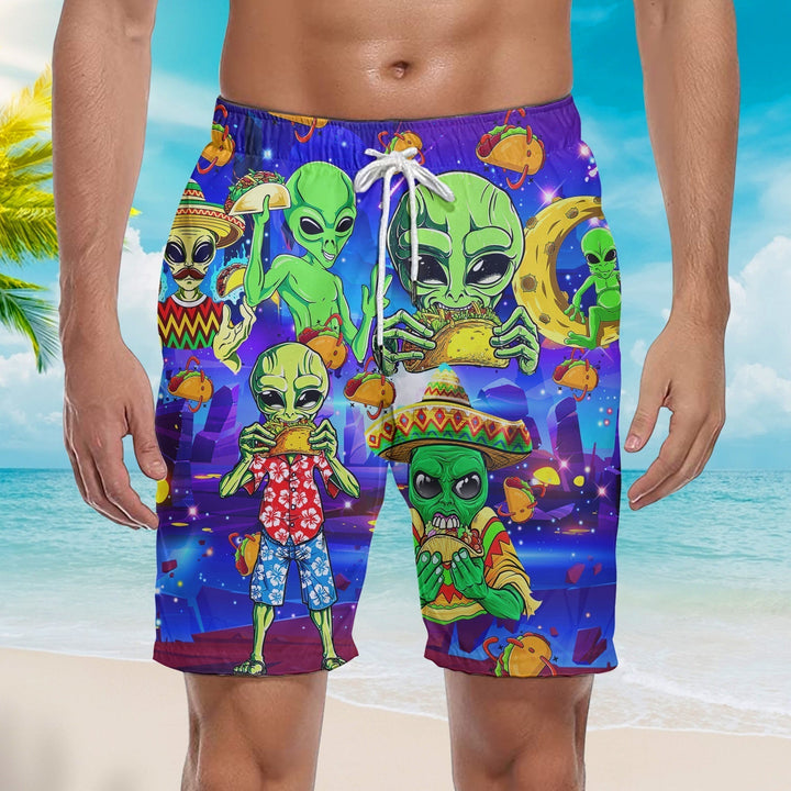 Funny Aliens Eat Tacos On Their Planet Beach Shorts For Men