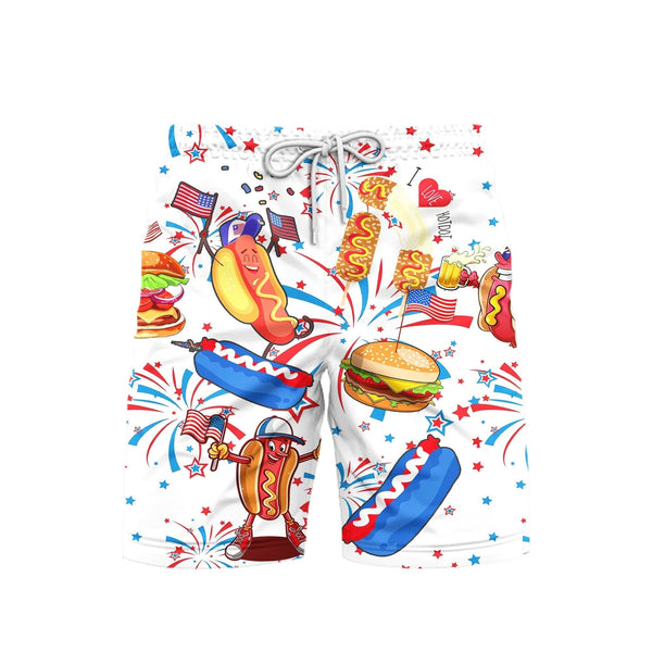 Funny American Hot Dog 4th Of July Independence Day Patriotic Beach Shorts For Men