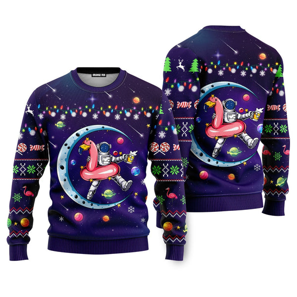 Funny Astronauts Sit On Flamingo Floats In Space With The Planet Ugly Christmas Sweater For Men & Women