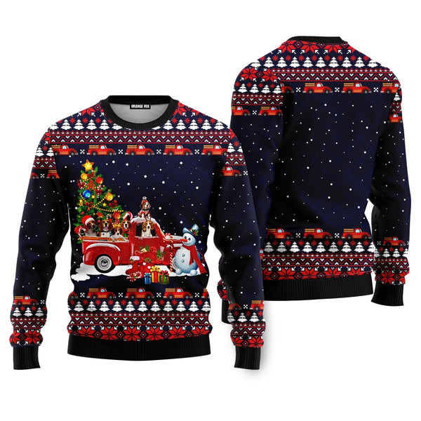 Funny Dogs With Red Truck Christmas Holiday Ugly Christmas Sweater For Men & Women