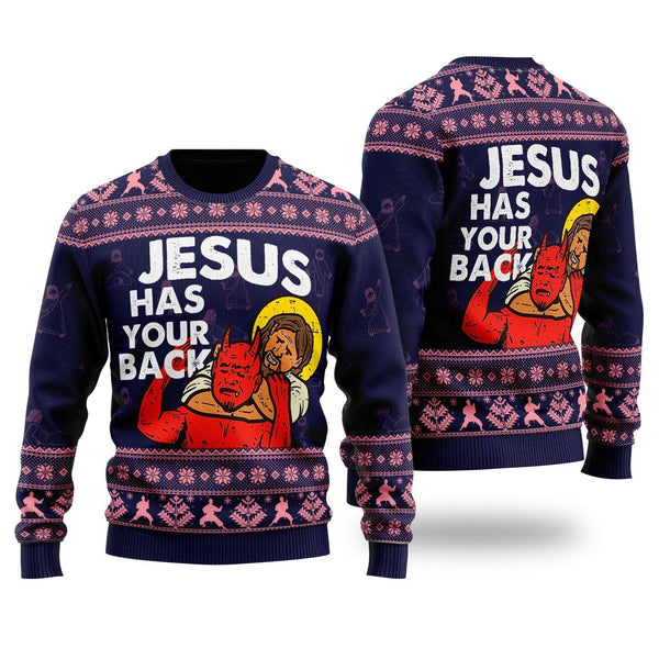 Funny Jesus Has Your Back Ugly Christmas Sweater For Men & Women UH1410