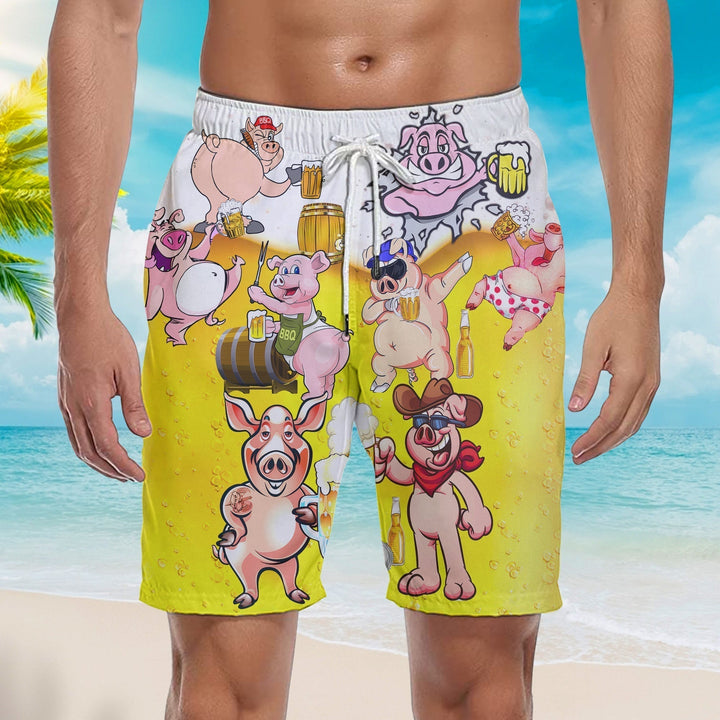 Funny Pig America Drinking Beer Beach Shorts For Men