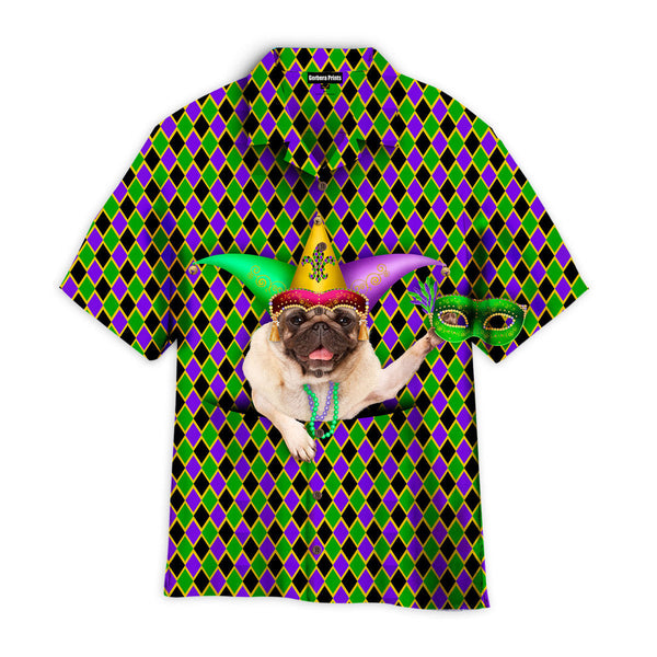 Funny Pug Dog Wears Jester Hat Mardi Gras Colorful Diamond Hawaiian Shirt For Men & Women