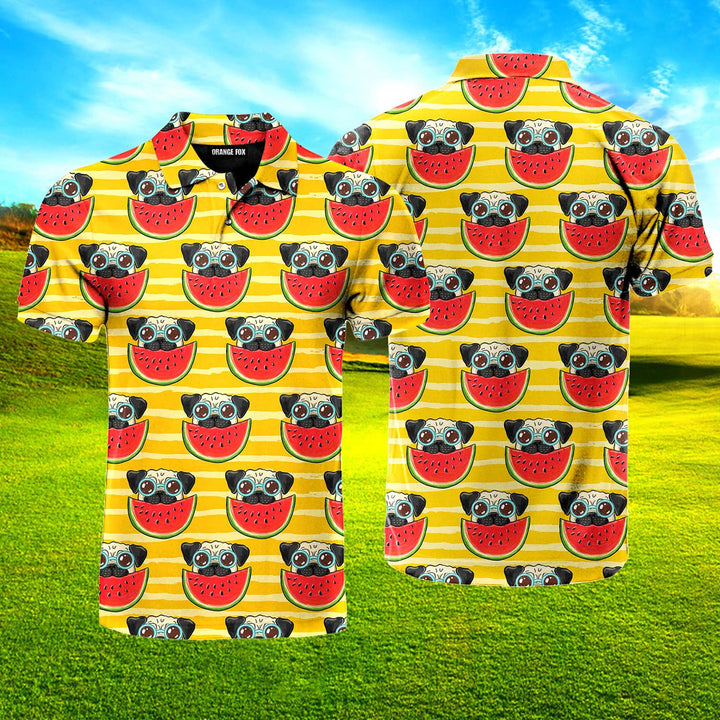 Funny Pug In Sunglasses Eating Watermelon Polo Shirt For Men