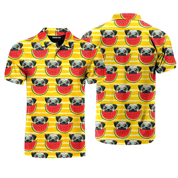 Funny Pug In Sunglasses Eating Watermelon Polo Shirt For Men