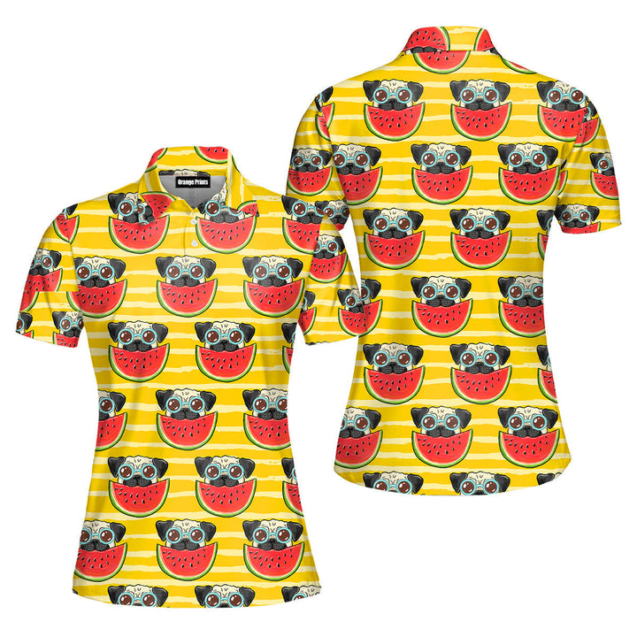 Funny Pug In Sunglasses Eating Watermelon Polo Shirt For Women