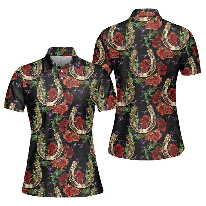 Gold Horseshoe Red Poppies Flowers Polo Shirt For Women