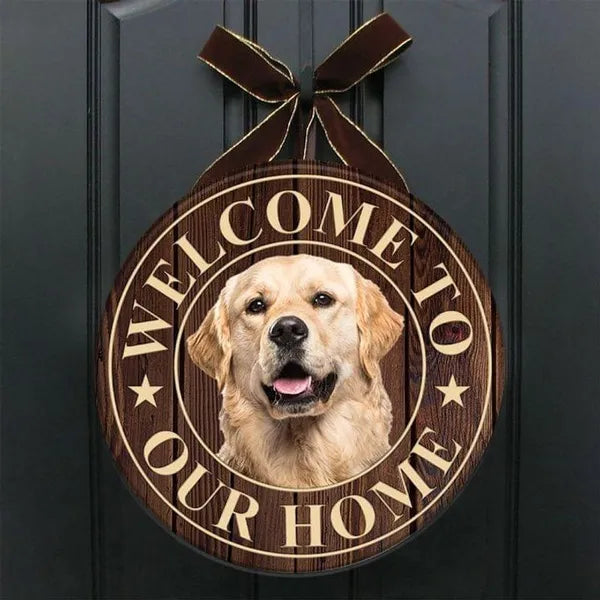 Golden Retriever Happy Christmas Round Wood Sign | Home Decoration | Waterproof | WS1369-Colorful-Gerbera Prints.