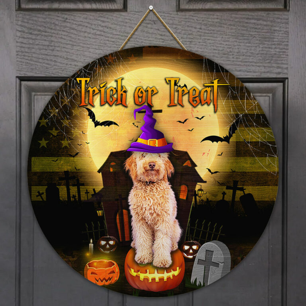 Goldendoodle Trick Or Treat Sample Round Wood Sign | Home Decoration | Waterproof | WS1070-Colorful-Gerbera Prints.