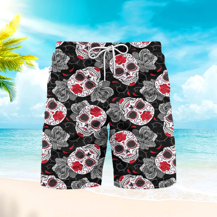 Gothic Sugar Skull Roses Halloween Pattern Beach Shorts For Men