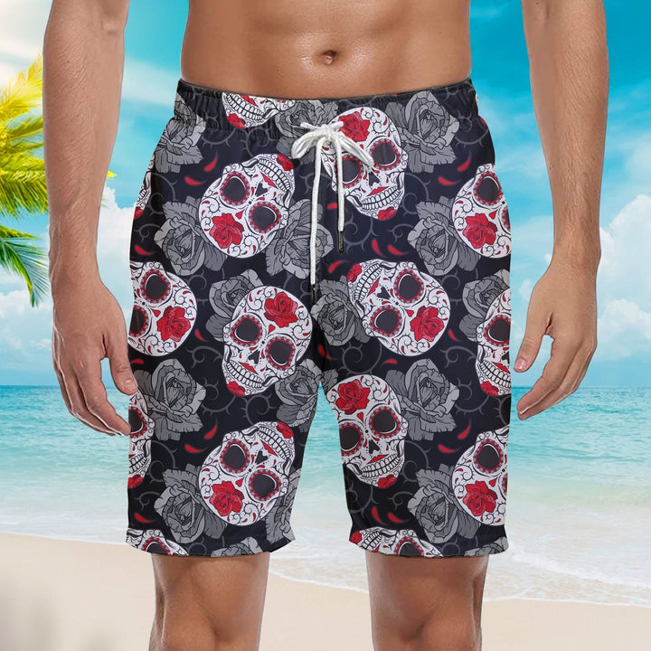 Gothic Sugar Skull Roses Halloween Pattern Beach Shorts For Men