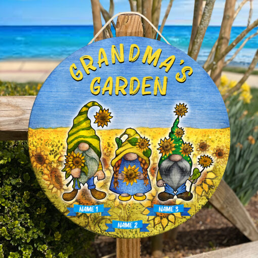 Grandma's Garden Custom Round Wood Sign | Home Decoration | Waterproof | WN1092-Colorful-Gerbera Prints.