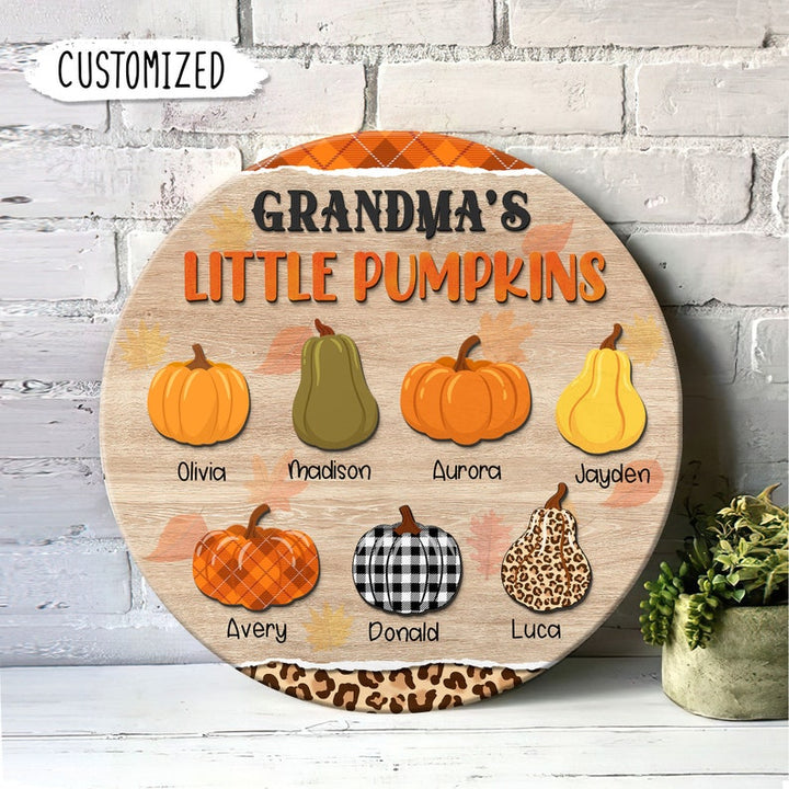 Grandma's Little Pumpkins Hello Fall Custom Round Wood Sign | Home Decoration | Waterproof | WN1503-Gerbera Prints.
