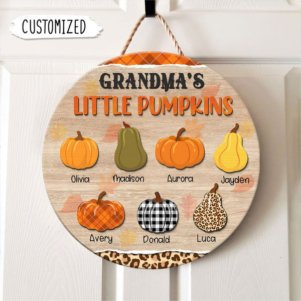 Grandma's Little Pumpkins Hello Fall Custom Round Wood Sign | Home Decoration | Waterproof | WN1503-Colorful-Gerbera Prints.
