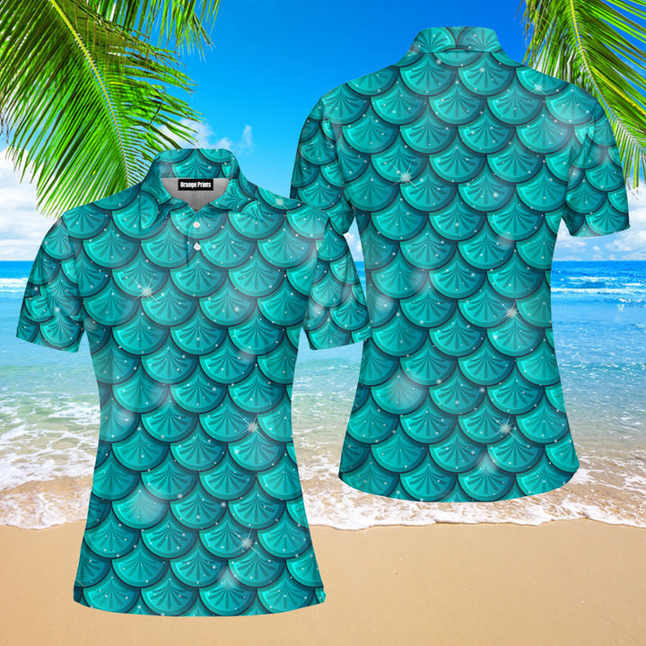 Green Mermaid Scales Polo Shirt For Women