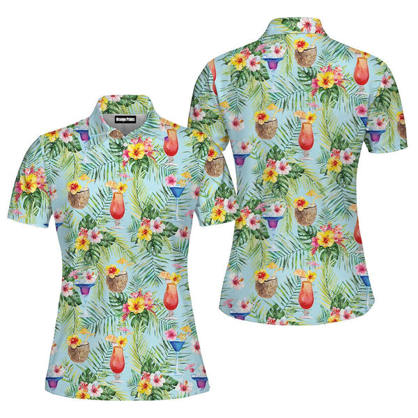 Green Palm Leaves Cocktails And Coconuts Polo Shirt For Women