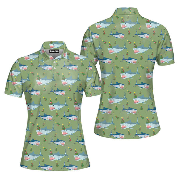Green Shark Love Christmas In July Polo Shirt For Women