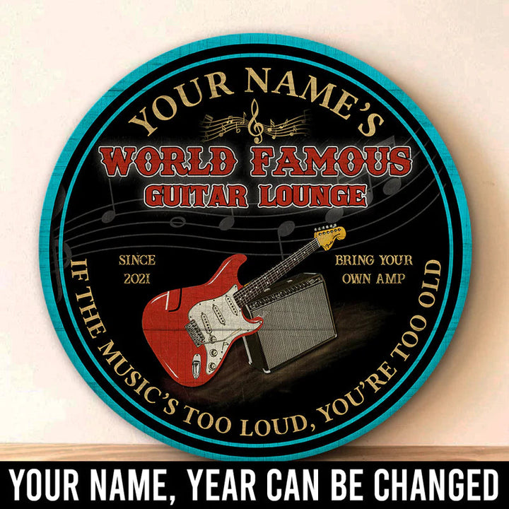 Guitar Lounge If The Music's Too Loud You're Too Old Custom Round Wood Sign | Home Decoration | Waterproof | WN1625-Colorful-Gerbera Prints.