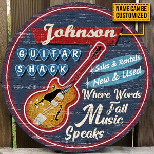 Guitar Shack Where Words Fail Custom Round Wood Sign | Home Decoration | Waterproof | WN1108-Colorful-Gerbera Prints.