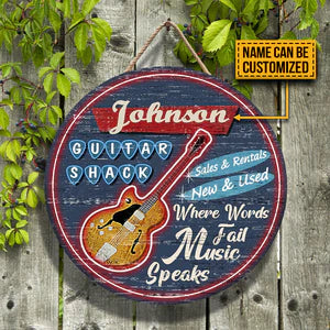 Guitar Shack Where Words Fail Custom Round Wood Sign | Home Decoration | Waterproof | WN1108-Gerbera Prints.
